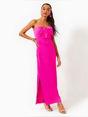 Lilly Pulitzer Carlynn Satin Maxi Bow Dress Pink Palms 6